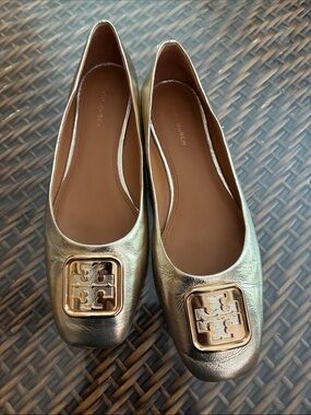 Tory Burch Metallic Gold Logo Square-Toe Flats